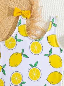 Toddler Girls Lemon Print Ruffle Trim Bow Shoulder One Piece Swimsuit - Multicolor - View 3