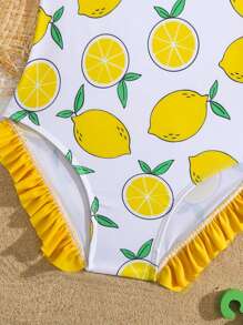 Toddler Girls Lemon Print Ruffle Trim Bow Shoulder One Piece Swimsuit - Multicolor - View 4