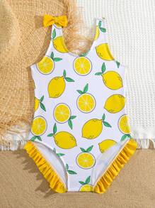 Toddler Girls Lemon Print Ruffle Trim Bow Shoulder One Piece Swimsuit - Multicolor - View 5