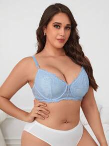 Plus Floral Lace Underwire Bra - Baby Blue - View 4