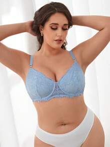 Plus Floral Lace Underwire Bra - Baby Blue - View 5