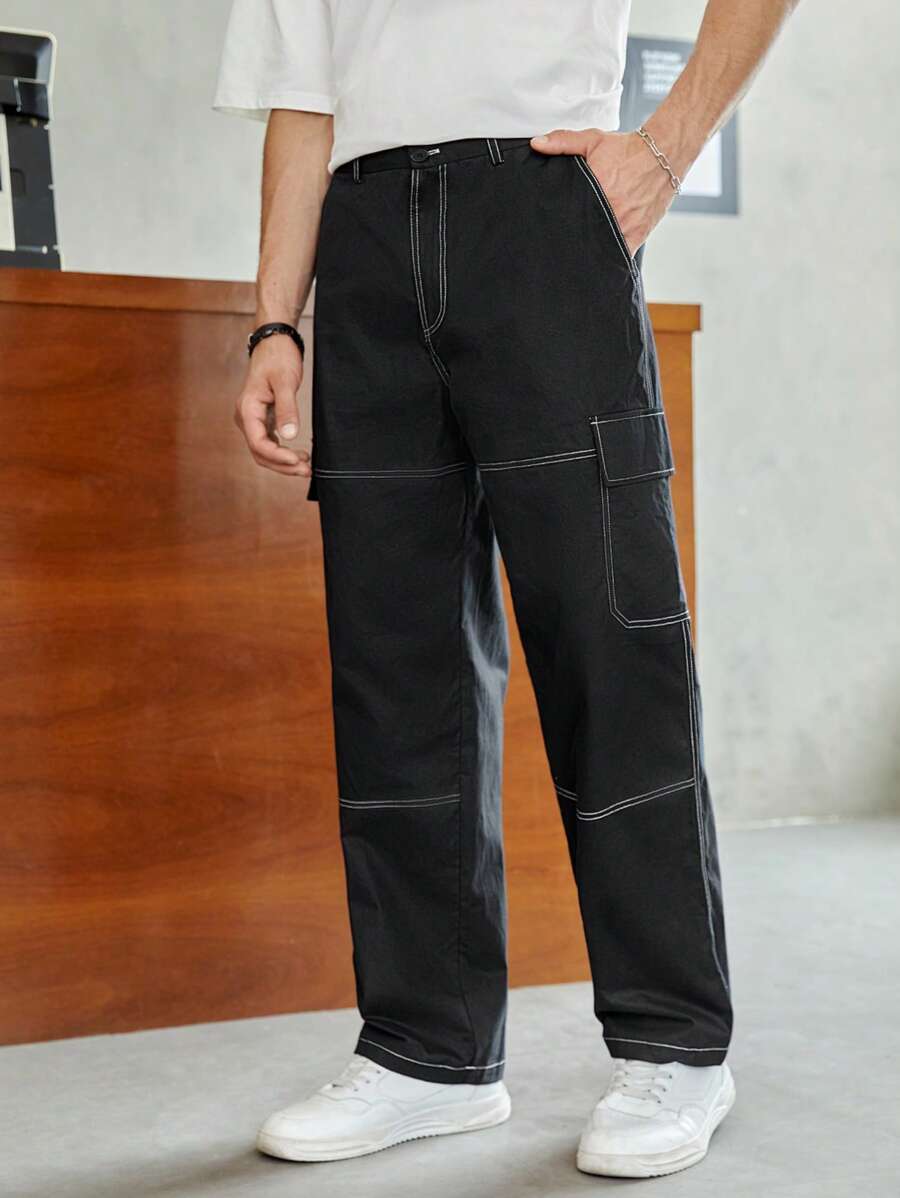 SWAVVY Men Cotton Top Stitching Flap Pocket Side Cargo Pants Straight Leg Long Slacks 90S Plain Black Going Out Boyfriend Gift - Black - View 1