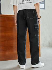 SWAVVY Men Cotton Top Stitching Flap Pocket Side Cargo Pants Straight Leg Long Slacks 90S Plain Black Going Out Boyfriend Gift - Black - View 2