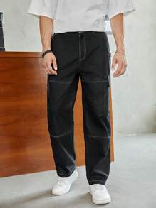 SWAVVY Men Cotton Top Stitching Flap Pocket Side Cargo Pants Straight Leg Long Slacks 90S Plain Black Going Out Boyfriend Gift - Black - View 3