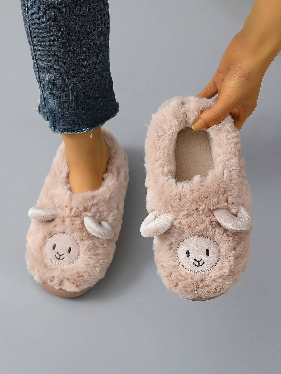 Dép Đi Trong Phòng Ngủ Preppy Cho Nữ, Dép Đi Trong Nhà Thiết Kế Hình Cừu Hoạt Hình Lông Tơ - Màu Khaki - Xem 1