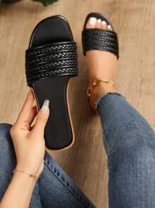 女士編織細節度假夏天平底涼鞋 - 黑色 - 查看 1
