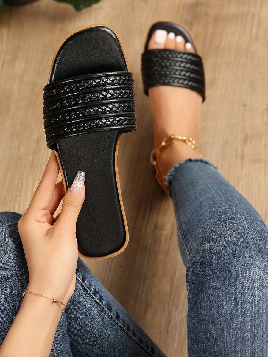 女士編織細節度假夏天平底涼鞋 - 黑色 - 查看 1