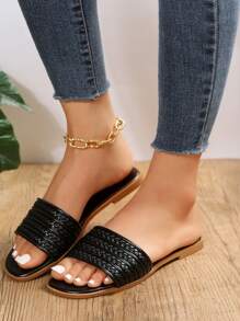 女士編織細節度假夏天平底涼鞋 - 黑色 - 查看 3