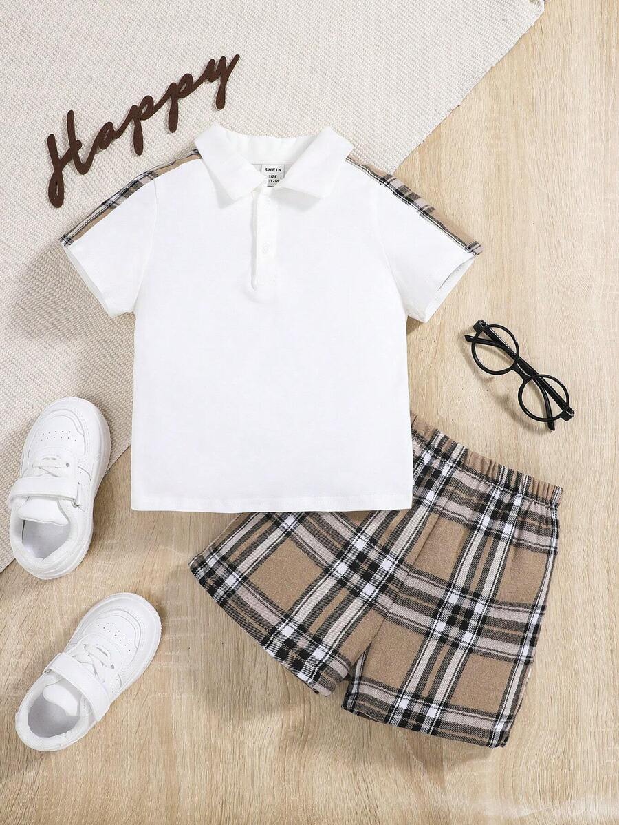 SHEIN 男嬰格紋印花POLO衫和短褲 - 彩色 - 查看 1