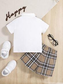 SHEIN 男嬰格紋印花POLO衫和短褲 - 彩色 - 查看 2