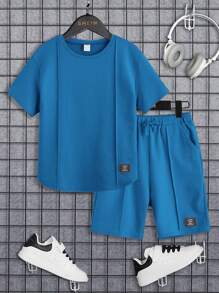 SHEIN Leap Crew 男孩字母補丁細節T恤和腰部抽繩短褲 - 藍色 - 查看 1