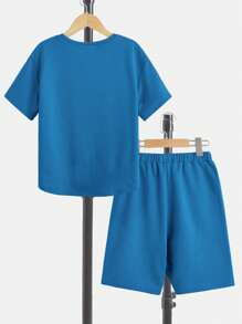 SHEIN Leap Crew 男孩字母補丁細節T恤和腰部抽繩短褲 - 藍色 - 查看 2