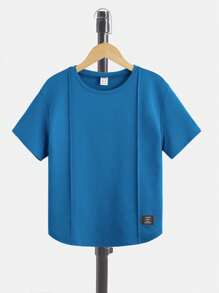 SHEIN Leap Crew 男孩字母補丁細節T恤和腰部抽繩短褲 - 藍色 - 查看 4