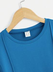 SHEIN Leap Crew 男孩字母補丁細節T恤和腰部抽繩短褲 - 藍色 - 查看 8