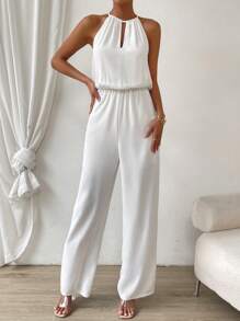 Firerie Keyhole Neckline Tie Back Halter Jumpsuit,Graduation,Teacher Outfits For Women,Back To School - White - View 1