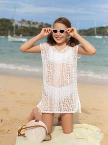 女孩鏤空下擺開叉罩衫連衣裙 - 白色 - 查看 3