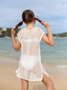 女孩鏤空下擺開叉罩衫連衣裙 - 白色 - 查看 4