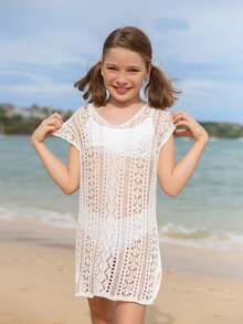 女孩鏤空下擺開叉罩衫連衣裙 - 白色 - 查看 6