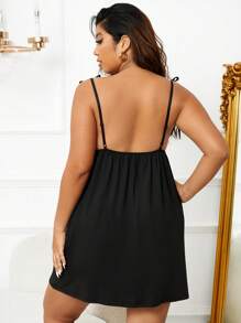 Váy ngủ ngủ hai dây buộc vai ren tương phản - màu đen - Xem 2