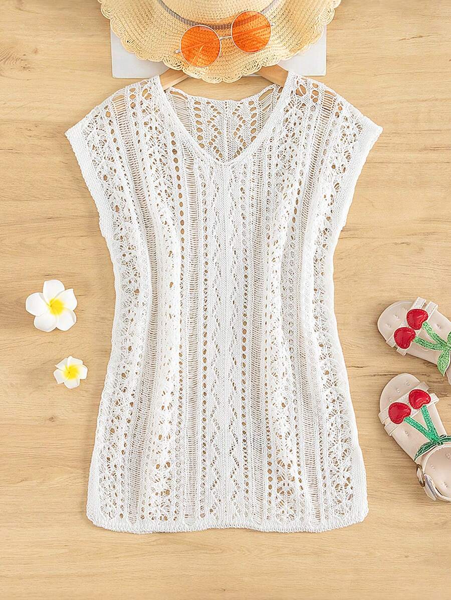 女孩鏤空下擺開叉罩衫連衣裙 - 白色 - 查看 1