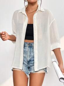 SHEIN PETITE Camisa unicolor de hombros caídos con botón delantero - Blanco - Ver 3