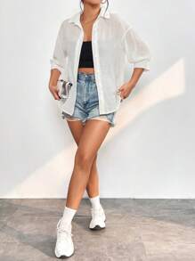 SHEIN PETITE Camisa unicolor de hombros caídos con botón delantero - Blanco - Ver 4