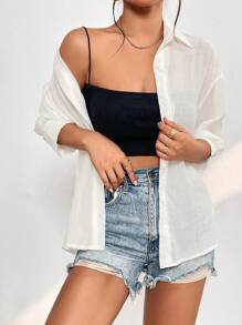 SHEIN PETITE Camisa unicolor de hombros caídos con botón delantero - Blanco - Ver 5