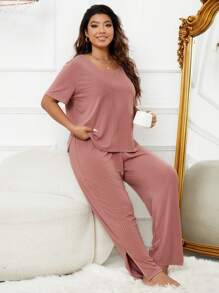 Conjunto de pijama bajo con abertura tejido de canalé