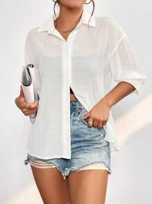SHEIN PETITE Camisa unicolor de hombros caídos con botón delantero - Blanco - Ver 6