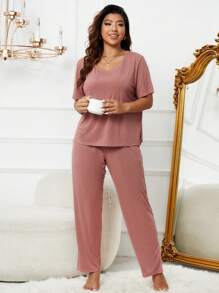 Conjunto de pijama bajo con abertura tejido de canalé