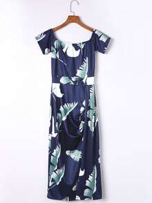 DOKOTOO Tropical Print Off Shoulder Draped Side Split Thigh Dress - Navy Blue - View 5