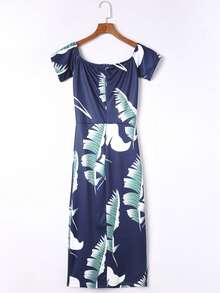 DOKOTOO Tropical Print Off Shoulder Draped Side Split Thigh Dress - Navy Blue - View 6