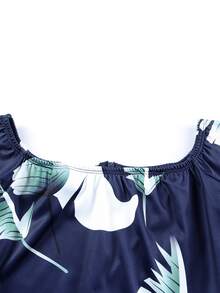 DOKOTOO Tropical Print Off Shoulder Draped Side Split Thigh Dress - Navy Blue - View 7