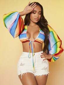 SHEIN SXY 彩虹條紋印花前打結燈籠袖短款上衣 - 彩色 - 查看 1