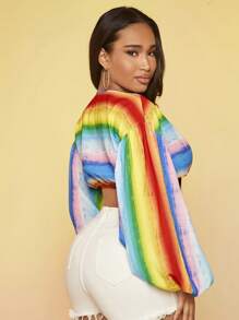SHEIN SXY 彩虹條紋印花前打結燈籠袖短款上衣 - 彩色 - 查看 2