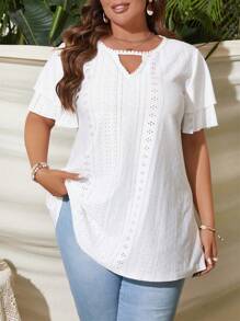 SHEIN LUNE 大碼鎖眼領蝴蝶袖網眼刺繡T恤 - 白色 - 查看 5