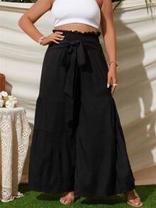 SHEIN Holidaya Pantalones de pierna ancha de cintura con volante con cinturón - Negro - Ver 2