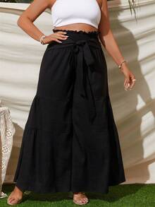 SHEIN Holidaya Pantalones de pierna ancha de cintura con volante con cinturón - Negro - Ver 5