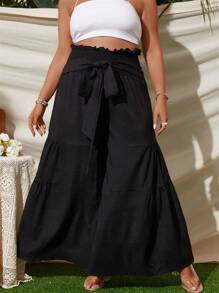 SHEIN Holidaya Pantalones de pierna ancha de cintura con volante con cinturón - Negro - Ver 1