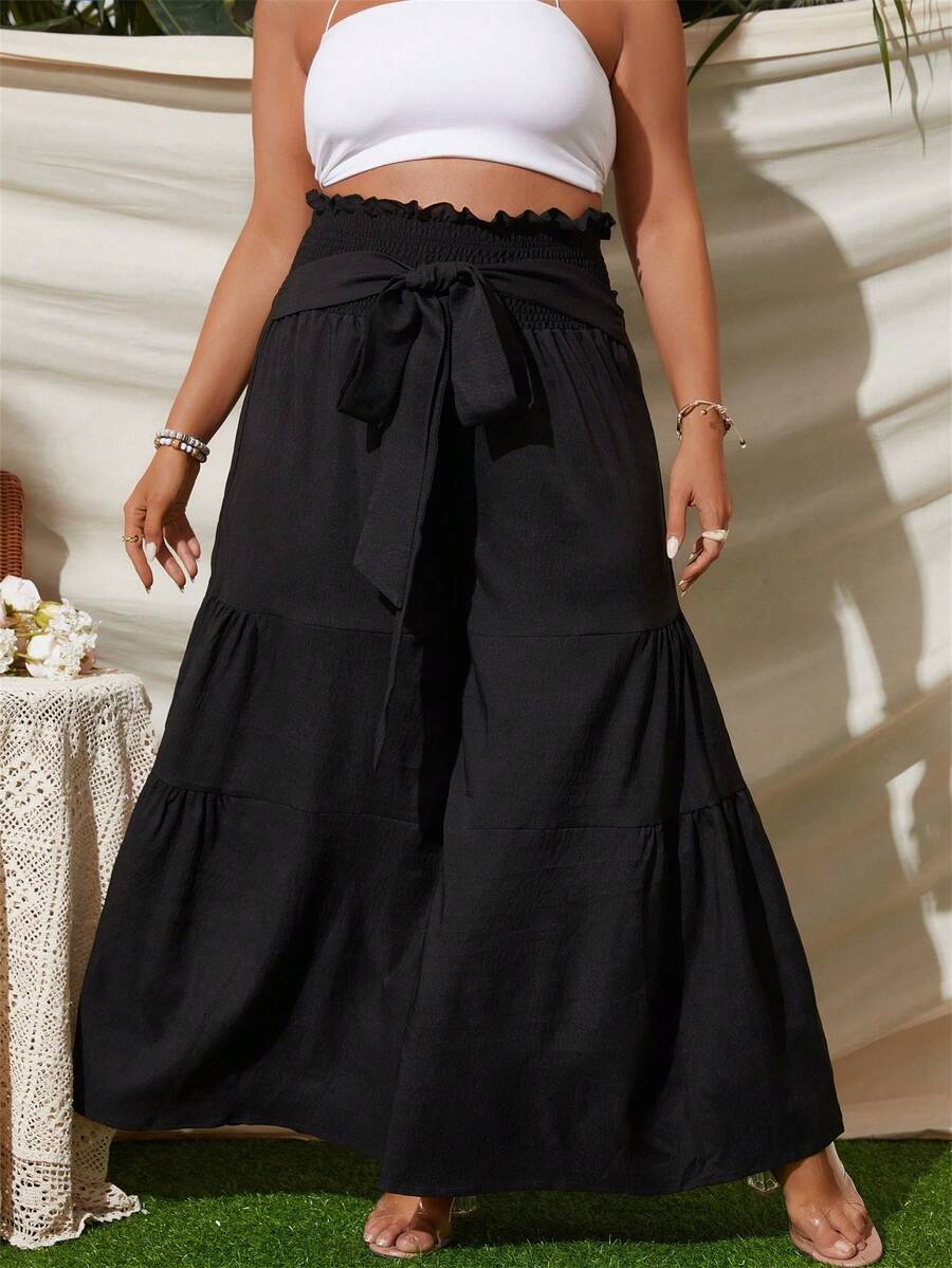 SHEIN Holidaya Pantalones de pierna ancha de cintura con volante con cinturón - Negro - Ver 1