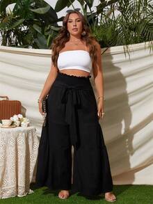 SHEIN Holidaya Pantalones de pierna ancha de cintura con volante con cinturón - Negro - Ver 6