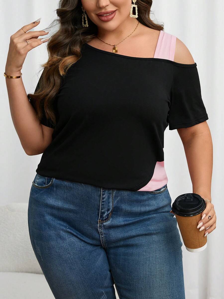 SHEIN LUNE Camiseta de color combinado de cuello asimétrico - Multicolor - Ver 1