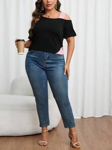 SHEIN LUNE Camiseta de color combinado de cuello asimétrico - Multicolor - Ver 3