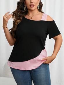 SHEIN LUNE Camiseta de color combinado de cuello asimétrico - Multicolor - Ver 5