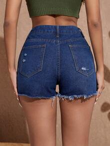 鉚釘細節破洞毛邊牛仔短褲 - 深色水洗藍 - 查看 2