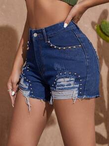 鉚釘細節破洞毛邊牛仔短褲 - 深色水洗藍 - 查看 6