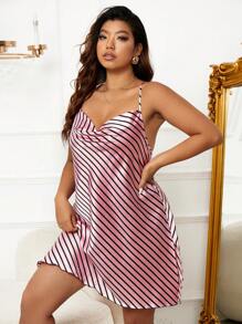 Plus Striped Print Draped Collar Satin Cami Nightdress - Pink - View 1