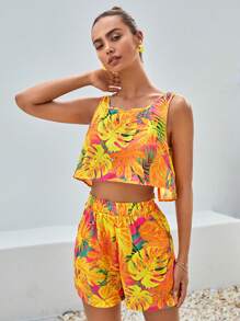 SHEIN VCAY Bộ đồ hai mảnh nữ Nút Quần paper-bag Nhiệt đới Boho - Nhiều màu - Xem 6