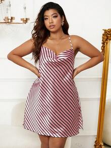 Plus Striped Print Draped Collar Satin Cami Nightdress - Pink - View 4