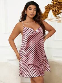 Plus Striped Print Draped Collar Satin Cami Nightdress - Pink - View 6